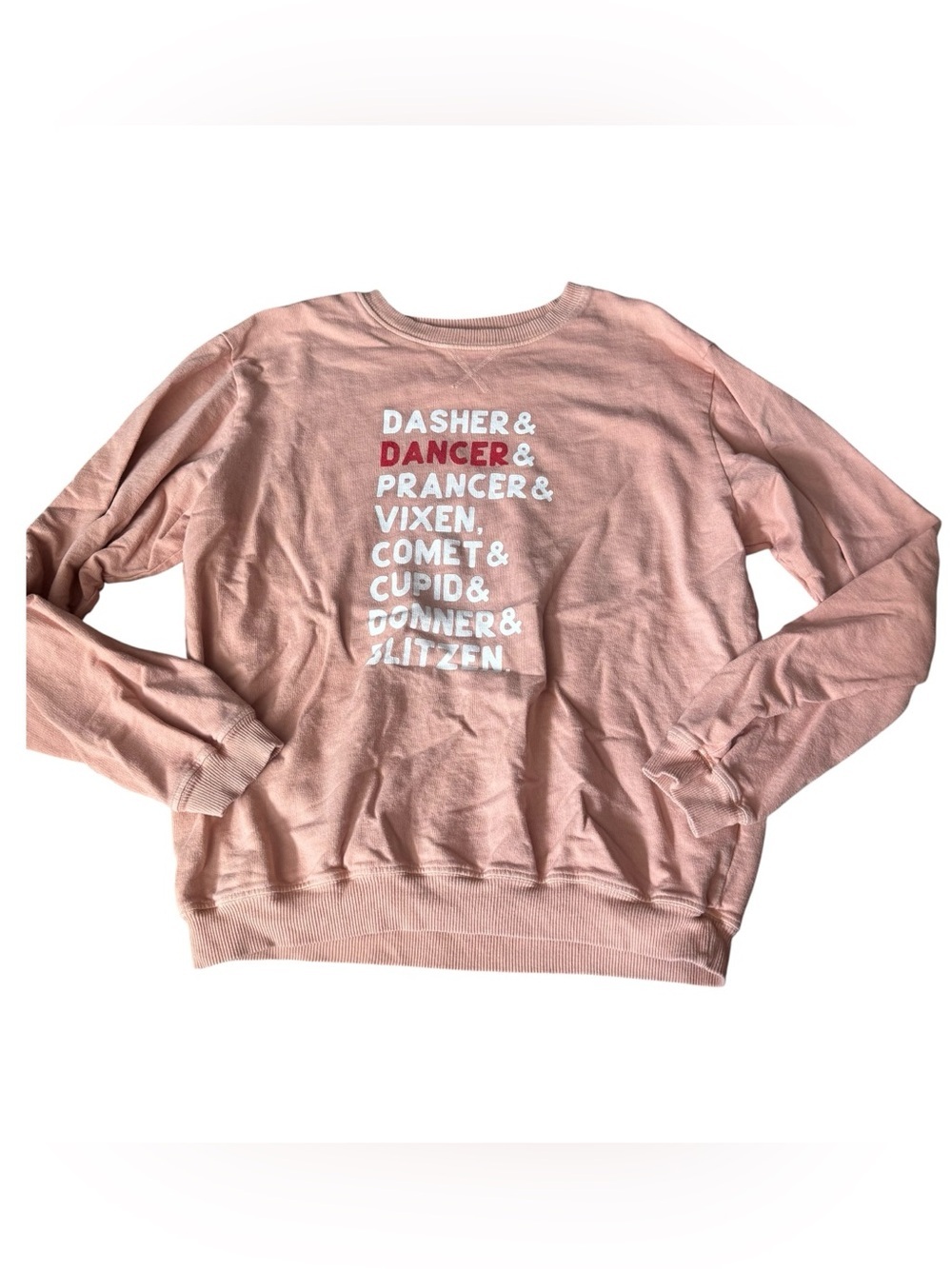 June & Grey Women's Pink Graphic Crewneck Sweatshirt - Reindeer Names, Holiday
